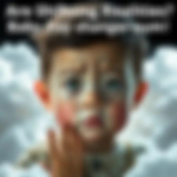 A young child with bright eyes looks worried, surrounded by soft clouds representing different realities.