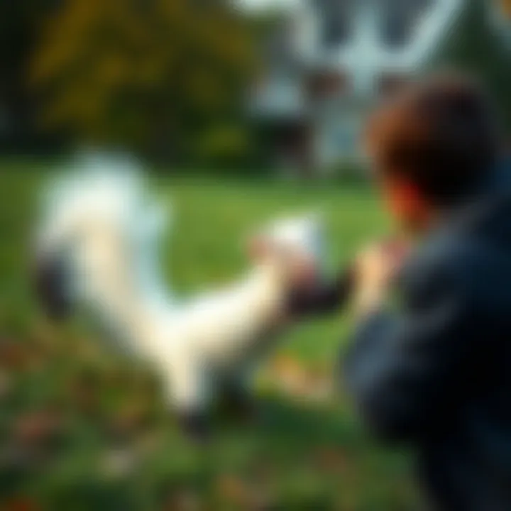 A baby white skunk playfully lunges at a surprised person during a family photoshoot in a park.