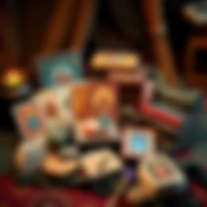 A colorful assortment of tarot cards, crystals, and beginner witchcraft books arranged in a cozy setting, perfect for a young witch's kit.