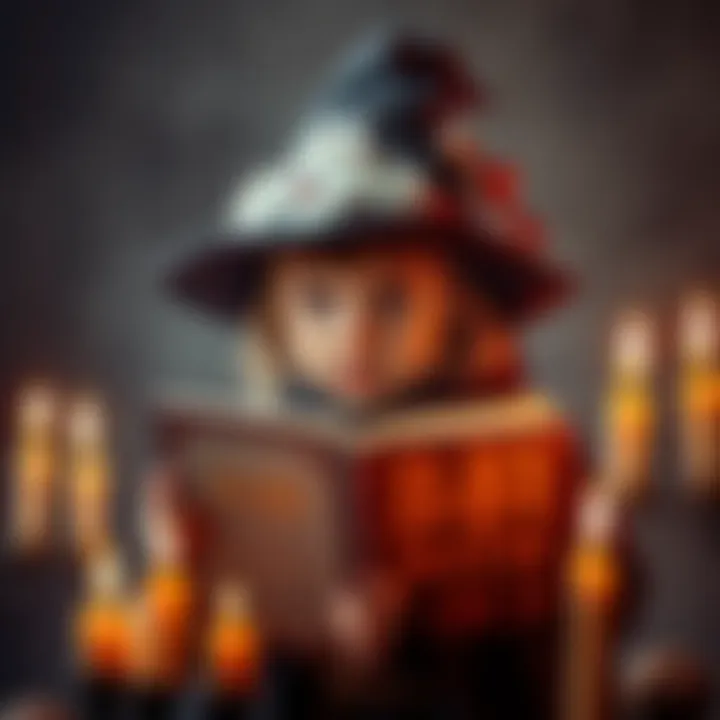 A young girl dressed as a witch, holding a spellbook and surrounded by candles, confidently declaring her power.