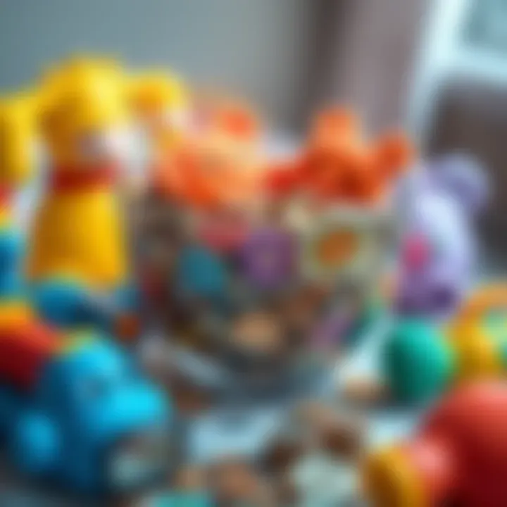 A colorful money bowl with coins and bills, surrounded by baby toys, showcasing a child's first savings experience.