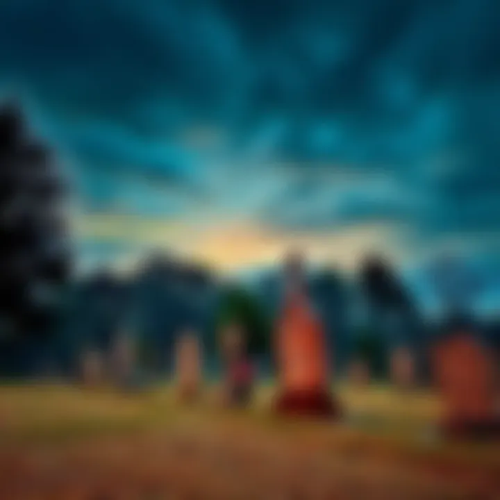 A view of Bachelors Grove Cemetery with old tombstones and eerie trees under a dim sky