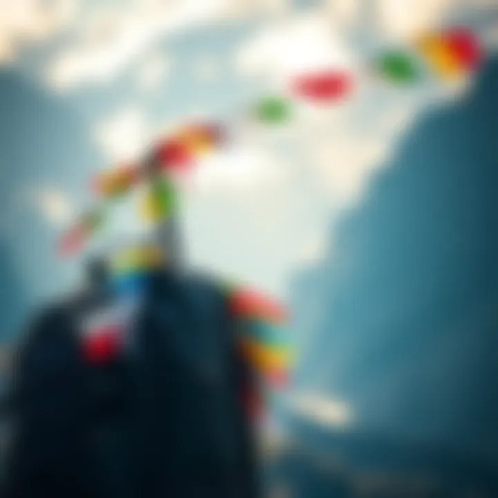 Backpack with Prayer Flags A travel backpack adorned with colorful prayer flags, set against a scenic mountain backdrop.