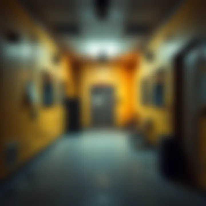 Backrooms Concept Art An eerie, empty office space with yellowed walls and flickering lights, representing the unsettling feel of backrooms and conspiracy theories.