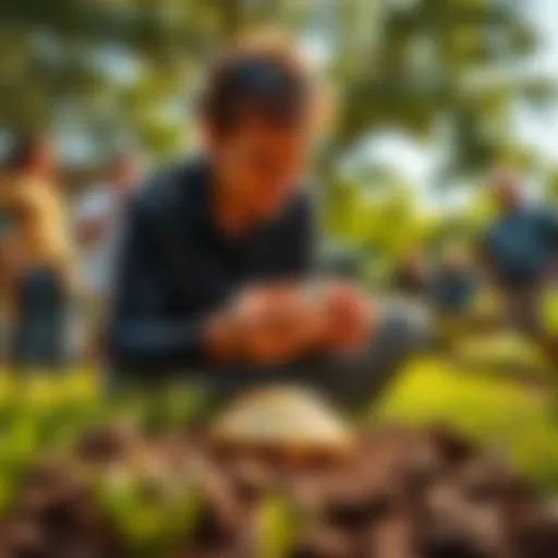 A person examining a shiny object in a backyard, surrounded by curious onlookers. The object resembles an old treasure item from the 1700s.