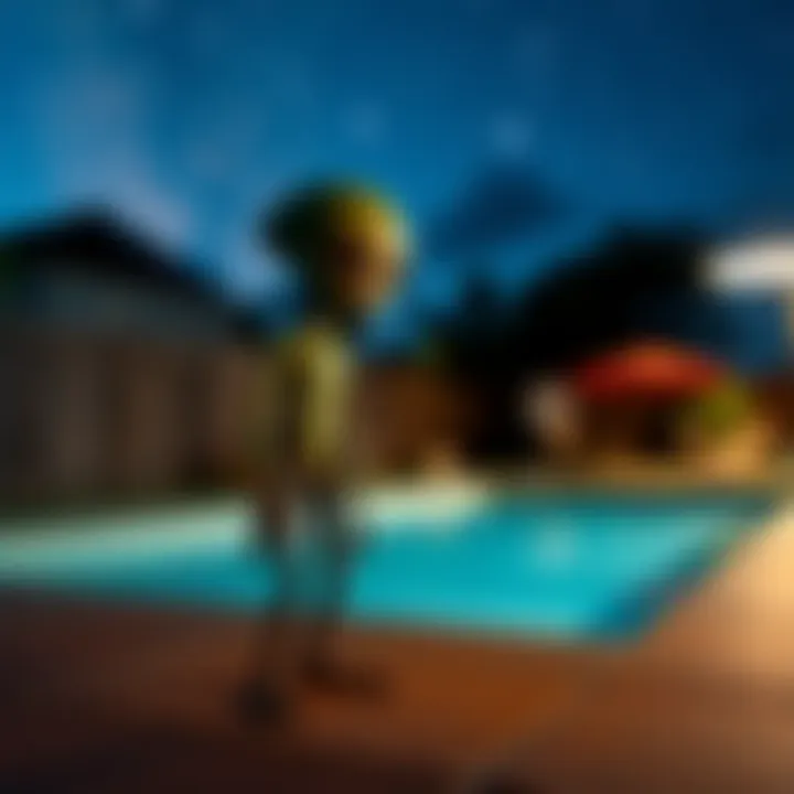 Backyard Pool Alien Encounter A small, skinny alien creature stands near a backyard pool under the night sky, with a surprised witness in the background.
