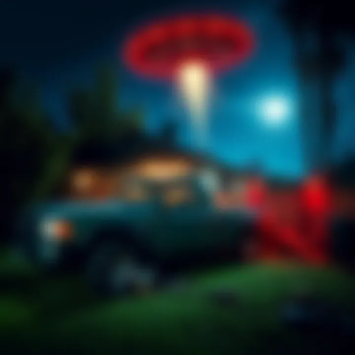 A family's backyard with a truck being worked on, and a strange glowing spacecraft above.