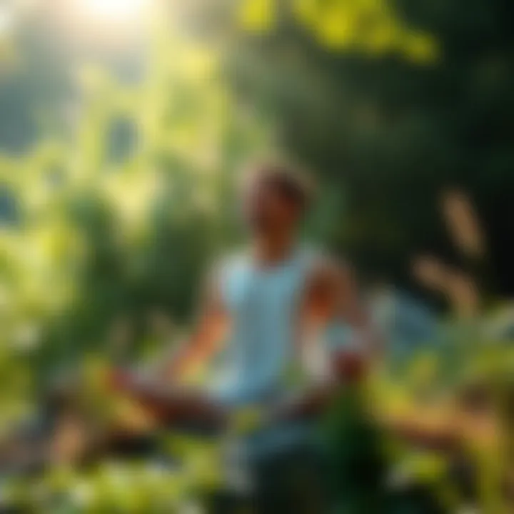 Balance Between Body and Spirit A person meditating in nature, balancing physical and spiritual elements, surrounded by greenery and light.