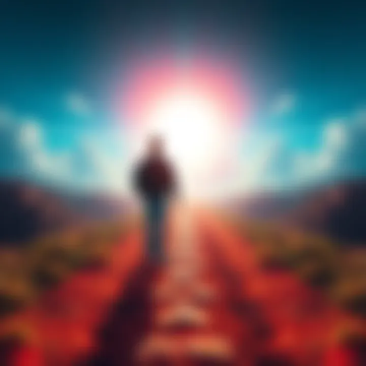 A person standing between two paths, one representing positive thoughts and the other negative fears, symbolizing the concept of Reality Transurfing.