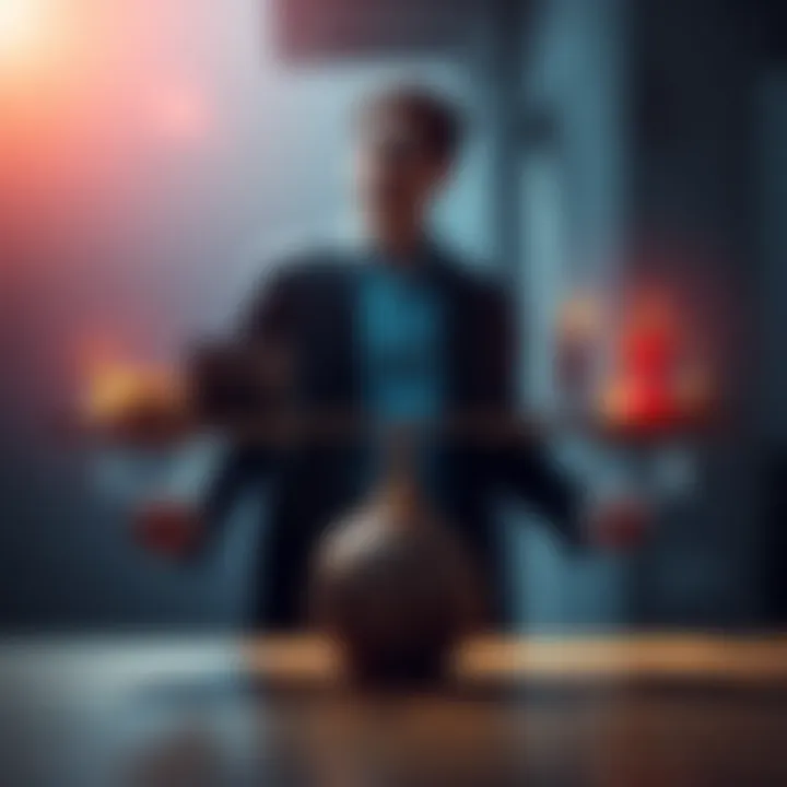 A person balancing work and personal life with symbols representing both aspects on either side.