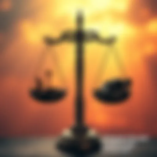 A visual representation of a scale with one side showing a peaceful scene and the other side displaying a figure in distress, symbolizing the debate about justice after death.