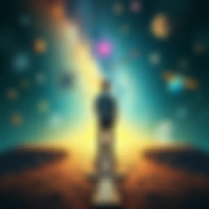 A person standing at a crossroads, one path leading to symbols of science like atoms and galaxies, the other path leading to symbols of Hellenism and deities like Gaia and Uranus, representing the int...