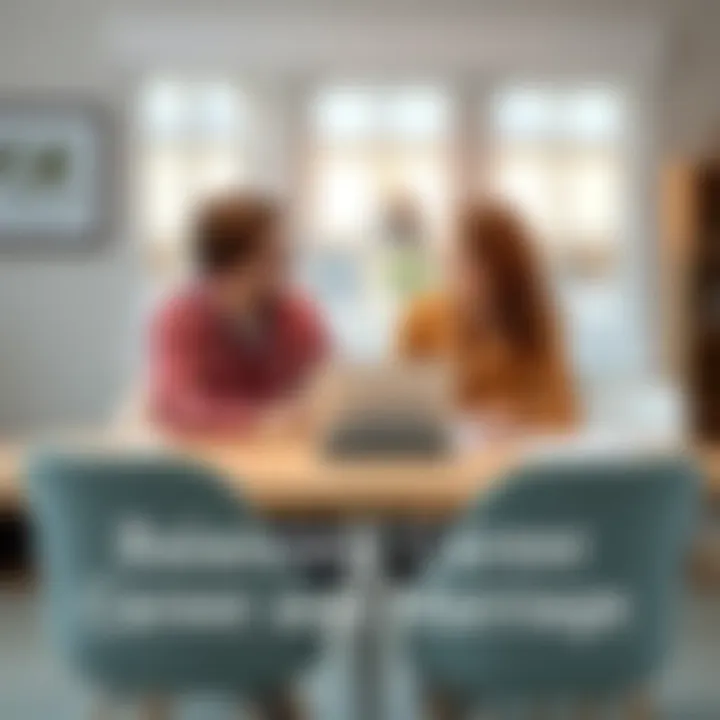 A couple discussing plans at a dining table with a laptop and documents while smiling at each other, symbolizing harmony between work and home life.