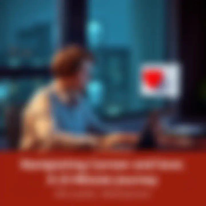 A person sitting at a desk with a laptop, looking thoughtfully at a calendar, while a heart symbol appears beside them, representing love and career balance.