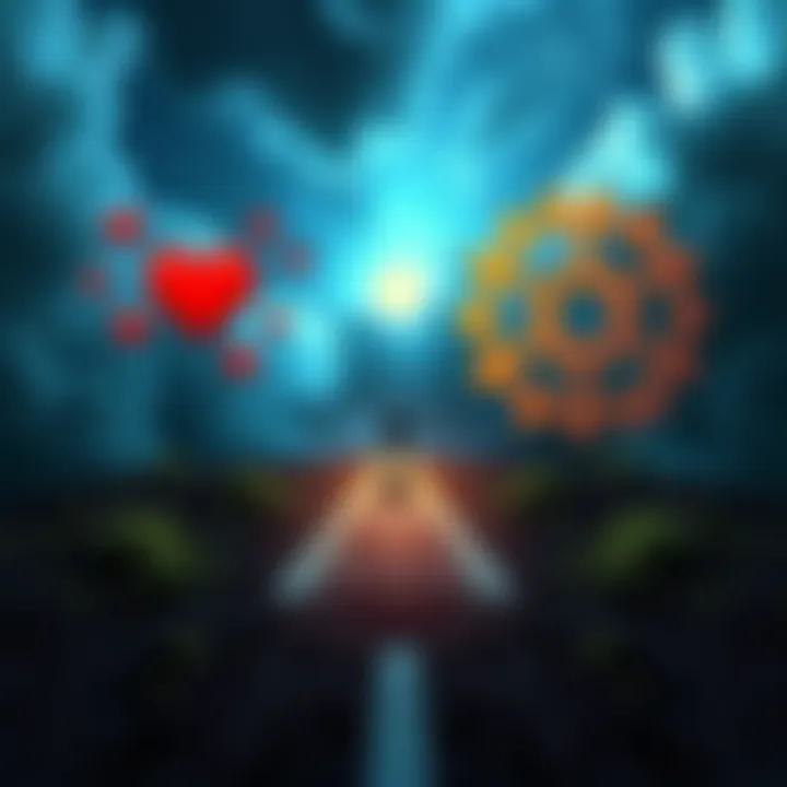 A person standing at a crossroads, one path symbolizing emotions with hearts and the other path symbolizing logic with gears, representing the choice between feelings and rational thinking.