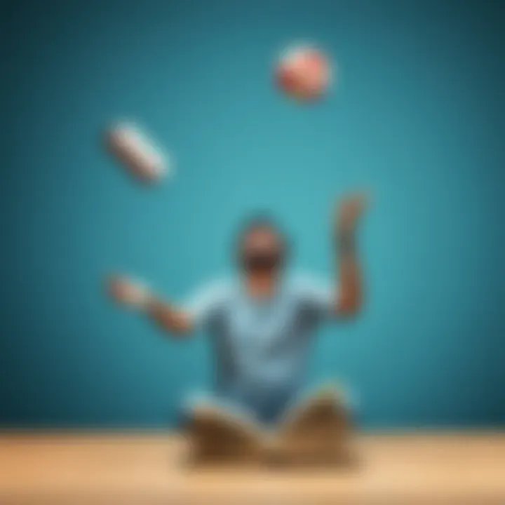 A person juggling a ball and a book, representing the balance of humor and seriousness in life.