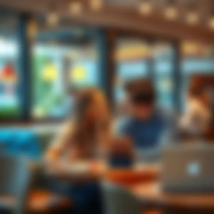 A young couple discussing their career and relationship at a cafe, surrounded by laptops and notebooks.