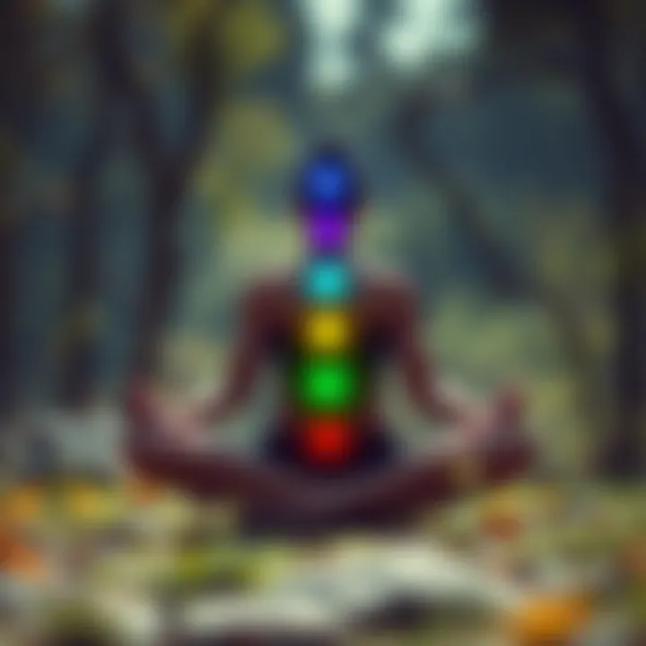 Balancing Lower Chakras A person meditating outdoors with colored chakra symbols near their lower body, surrounded by nature