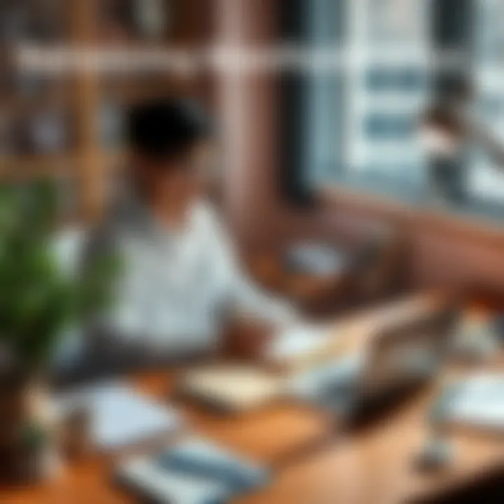 A person sitting at a desk, writing affirmations while working on a laptop, surrounded by notes and a plant, depicting a blend of professional and personal growth.