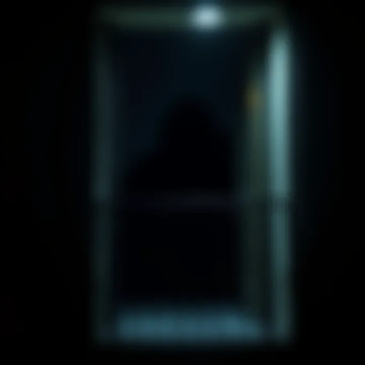 A dark balcony at night with a shadowy figure resembling a face visible in the background.