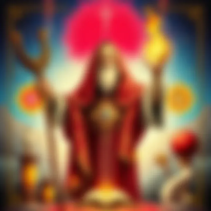A bald figure in ceremonial robes holding a staff, representing wisdom and guidance, surrounded by symbols of spirituality and education.