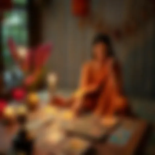 A Balinese woman performing a tarot reading session with colorful tarot cards displayed on a table, creating a warm and welcoming atmosphere