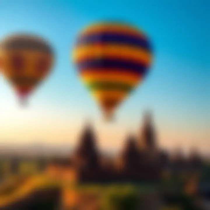 Balloon Ride Over Bagan Temples A colorful hot air balloon floats above ancient temples in Bagan, Myanmar, with a clear blue sky in the background.