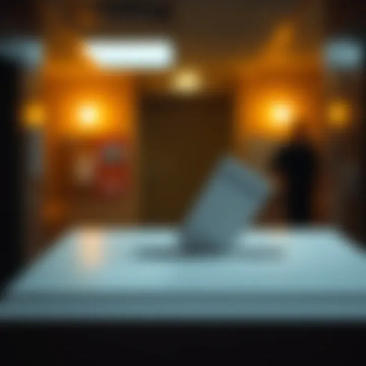 Close-up of a secure ballot box with a dimly lit room in the background, suggesting secrecy and security concerns in elections.