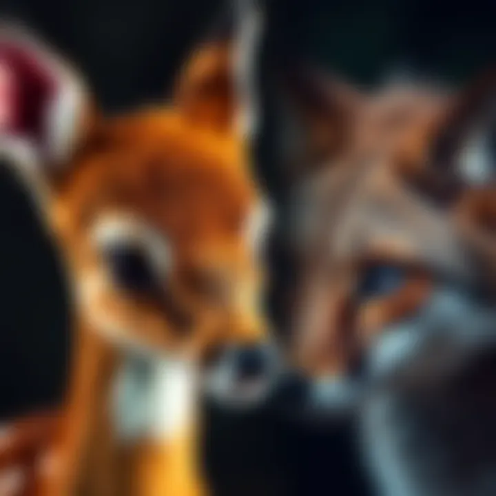 Bambi and a Feline Fox A comparison of Bambi's gentle doe eyes and a feline fox's striking eyes, highlighting their beauty and allure.