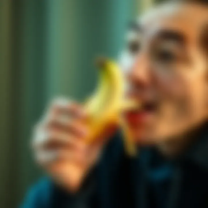 A person peeling a banana and nibbling from one end to the other with a playful expression