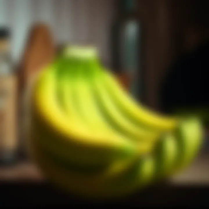 Bananas Still Green After a Month A cluster of green bananas sitting on a kitchen counter, illustrating their lack of ripening after one month.