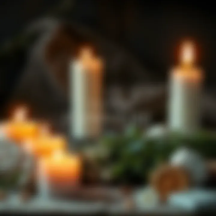 A setup of candles and herbs used in banishing and freezing spells for protection against harassment