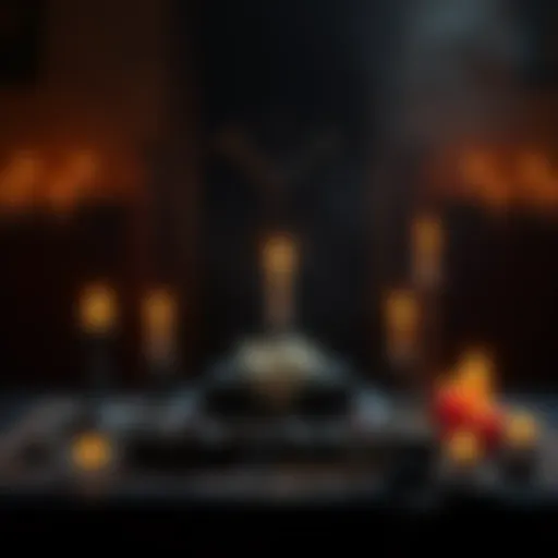 An altar with candles and ritual tools used for banishing a demon, featuring a dark atmosphere and mystical elements.