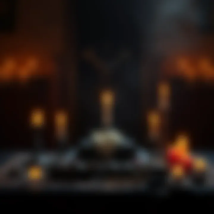 A Banishing Ritual Setup An altar with candles and ritual tools used for banishing a demon, featuring a dark atmosphere and mystical elements.