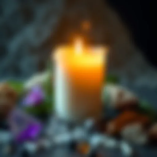 A candle surrounded by herbs and crystals, symbolizing a banishment spell to remove toxic influences