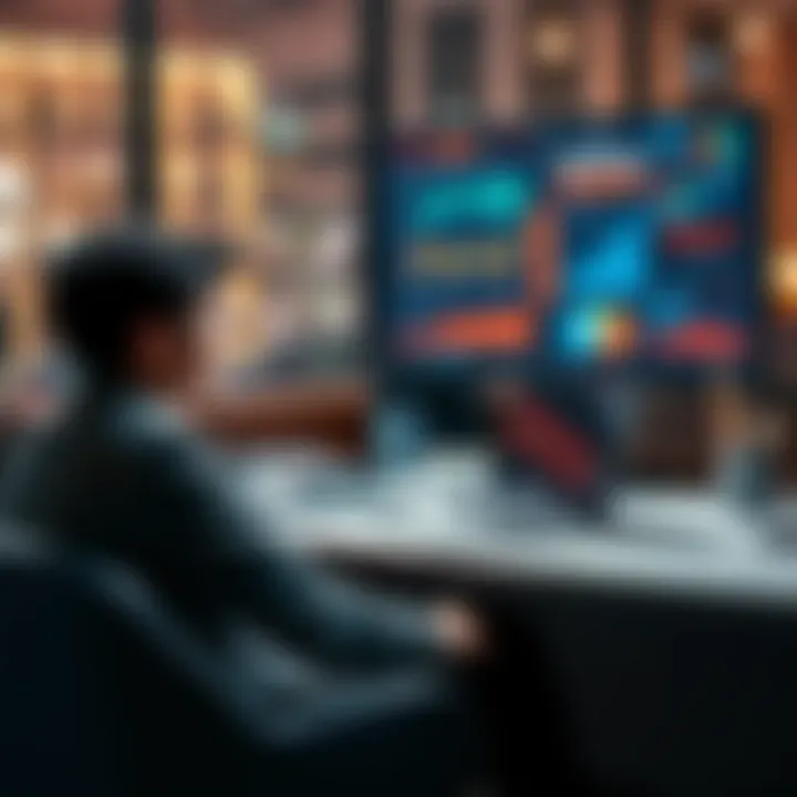 A thoughtful person sitting at a desk with a laptop, contemplating a career in banking, with charts and graphs about investments in controversial sectors on the screen.