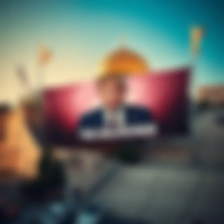 A large banner in Jerusalem shows President Trump labeled as 'The Deliverer' with a religious symbol in the background