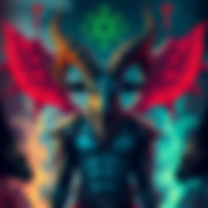A depiction of Baphomet, the Horned God, featuring a goat's head with large horns and a human-like body, surrounded by mystical symbols.