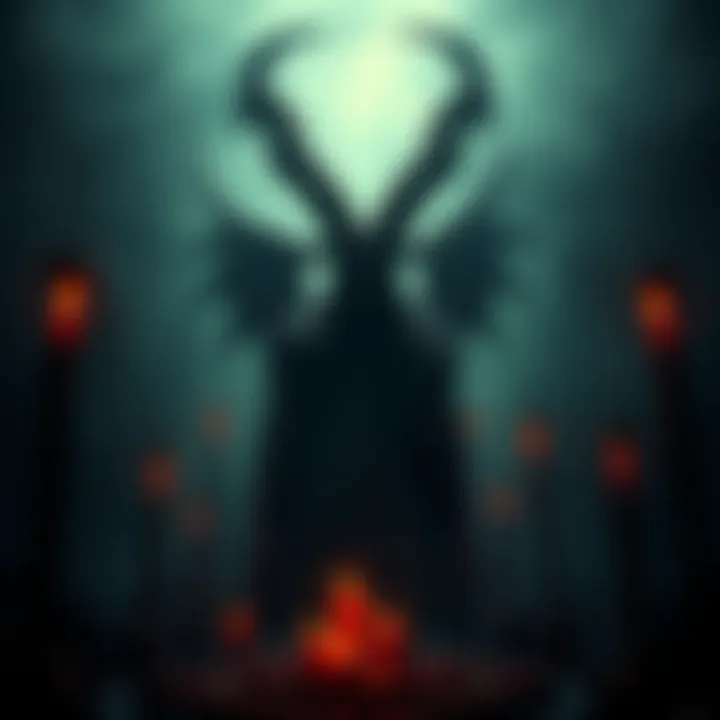 A shadowy figure resembling Baphomet stands amidst dark rituals, surrounded by eerie symbols of good and evil, evoking a sense of fear and mystery.