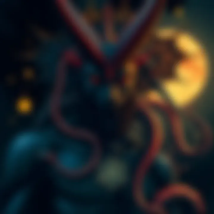 Illustration of Baphomet with serpents and various symbols, inspired by 19th century art.