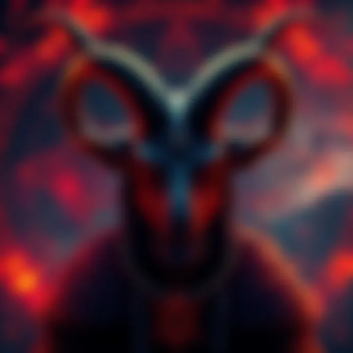 A depiction of Baphomet as a goat-headed figure with human features, symbolizing duality and balance, surrounded by mystical symbols.