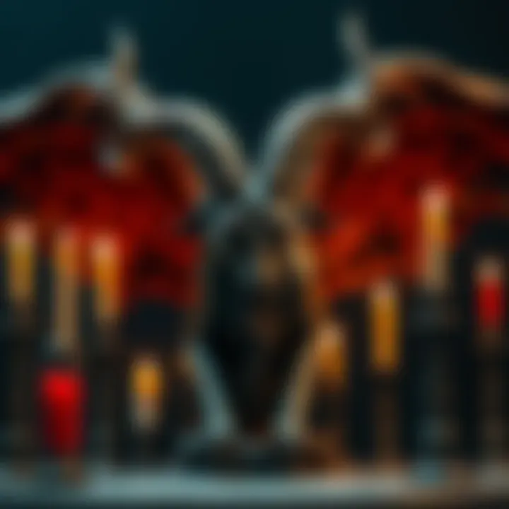 A detailed statue of Baphomet, featuring a goat head and wings, surrounded by candles and symbols.