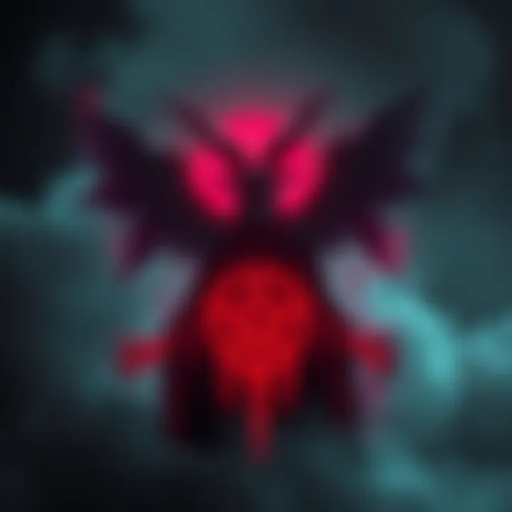 A depiction of Baphomet, a goat-headed figure with wings and a pentagram, surrounded by dark imagery and shadows.