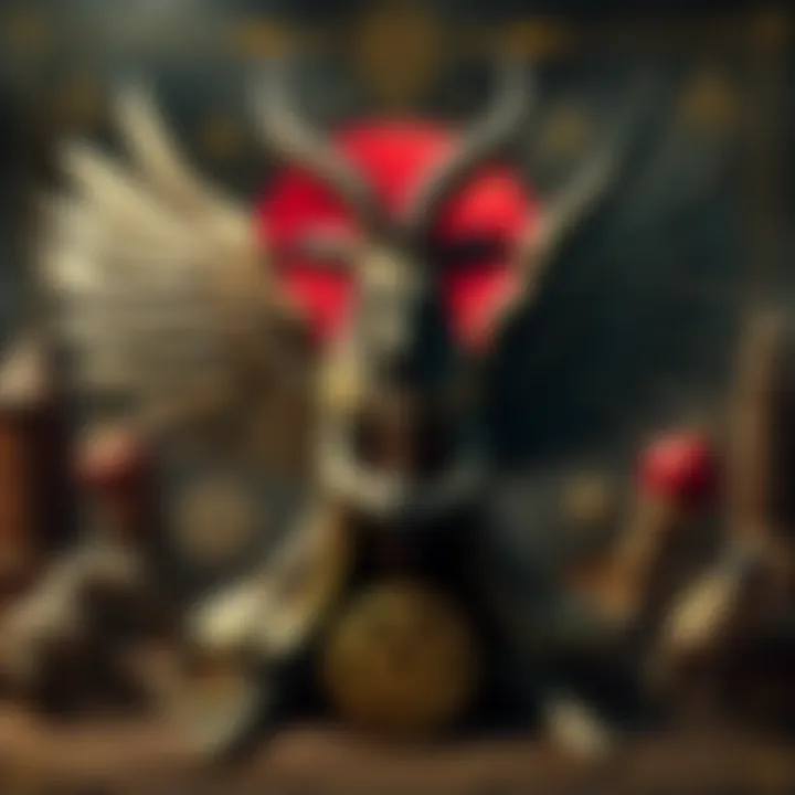 A symbolic representation of Baphomet featuring a goat-headed figure with wings, surrounded by various ancient symbols, showcasing connections to Freemasonry and Egyptian mythology.