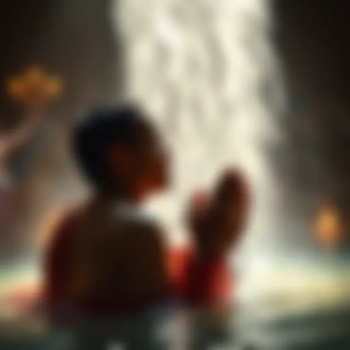 A person being baptized in water, symbolizing spiritual connection with gods, surrounded by a serene atmosphere.