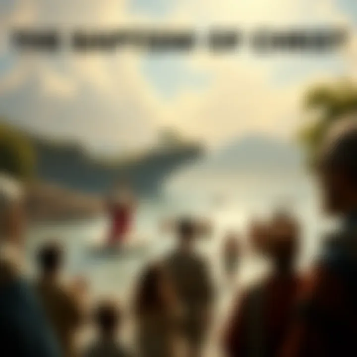 A historic painting depicting the baptism of Jesus Christ by John the Baptist in a serene river setting with onlookers observing the event.