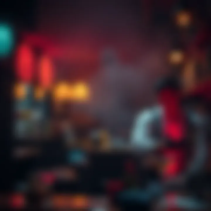 A dimly lit pub with a bartender looking uneasy while a faint ghostly figure appears in the background