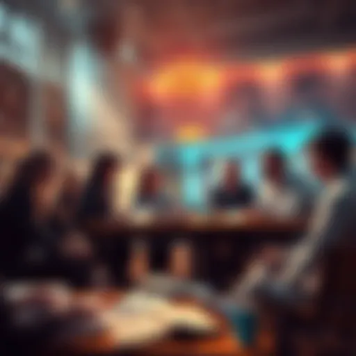 Group of people engaged in a lively discussion about Bardon's philosophies with notes and books spread around them.