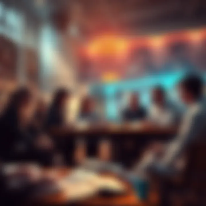 Group of people engaged in a lively discussion about Bardon's philosophies with notes and books spread around them.