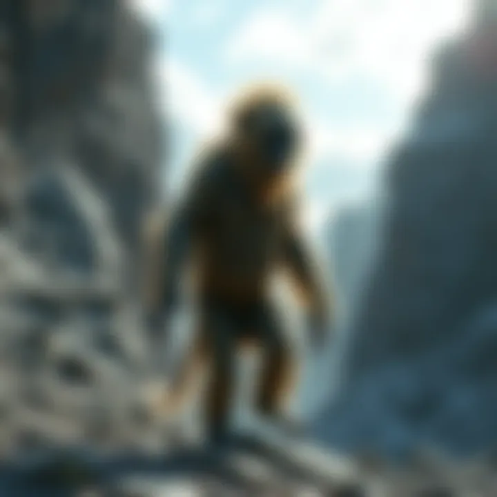 Barmanou in Afghan Mountains A large, hairy primate resembling a yeti, standing in the rugged mountains of Afghanistan, surrounded by steep cliffs and rocky terrain.